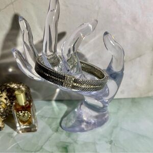 Vintage Silver Mesh Hinged Bangle Bracelet Gemstones Cross Shape Gold Accents